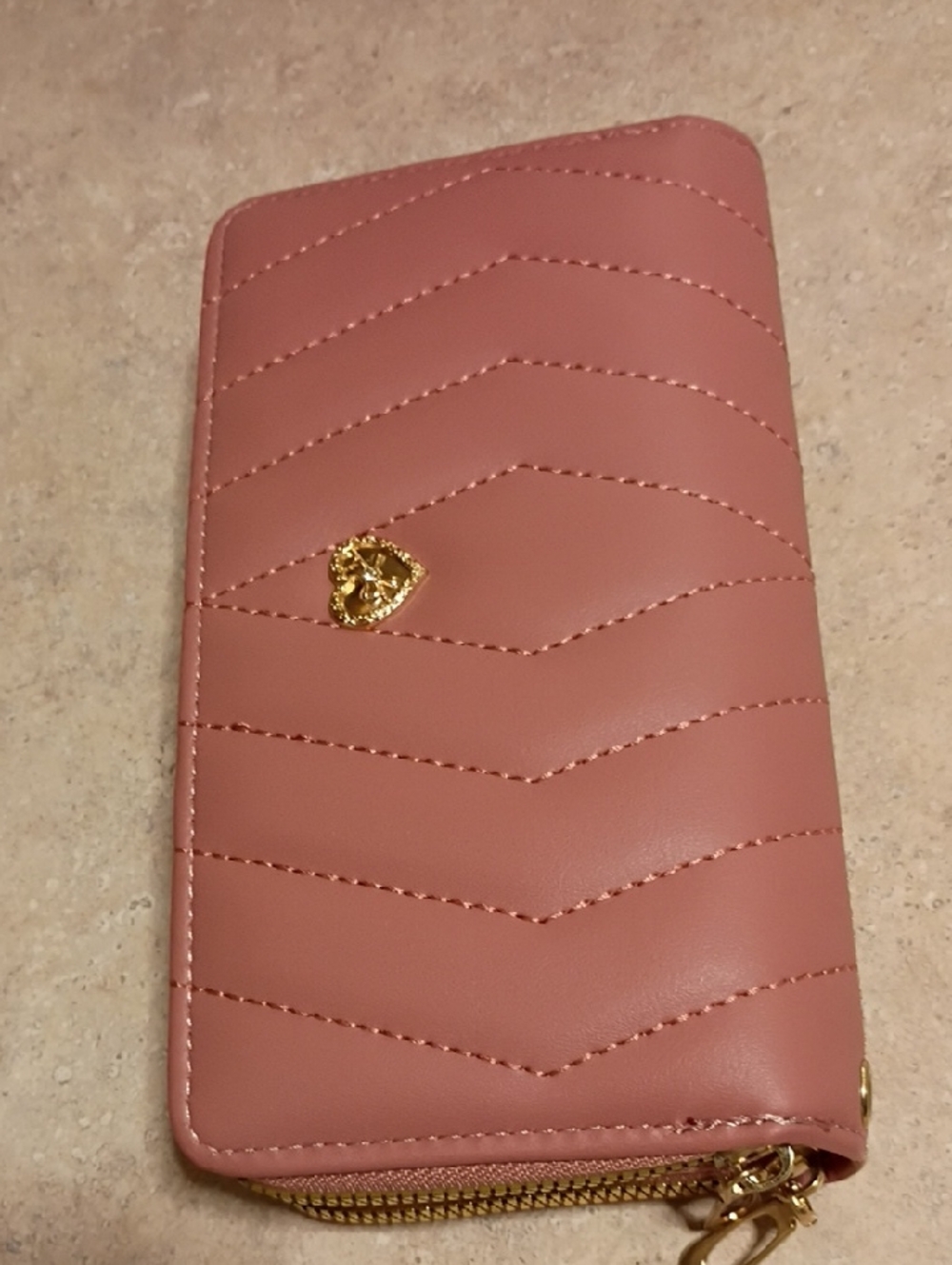 Women's Quilted Pink Zip Wallet with Gold Heart Accent